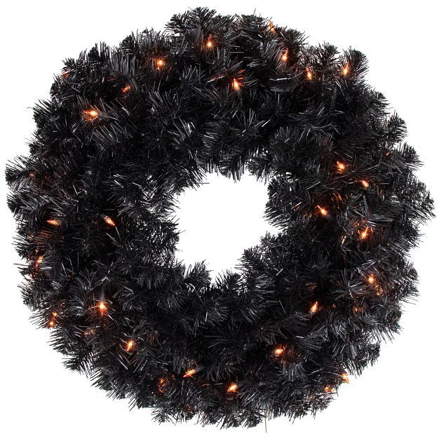 Northlight Pre-Lit Black Noble Spruce Artificial Halloween Wreath, 24-Inch, Orange Lights | Target