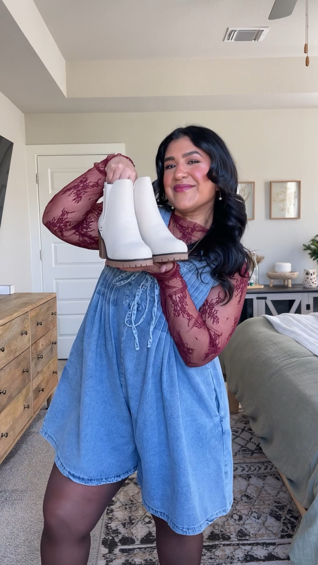 Amazon outfit! I’m 5’1”, size 10-12 // DENIM ROMPER: size M, size down one, shade light blue // LACE TOP: size L, true to size, shade burgundy // STOCKINGS: size XL, these run small, size up. Shade mocha // BOOTS: true to size, shade sand // also linking oversized tee (size L), cami bra, and jewelry 

#LTKHoliday #LTKFindsUnder50 #LTKMidsize