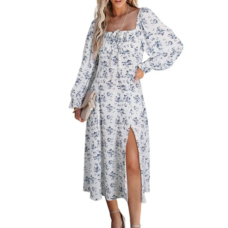 Dokotoo Womens Midi Dresses Casual Square Neck Long Sleeve Midi Dress Fashion Floral Print Boho D... | Walmart (US)