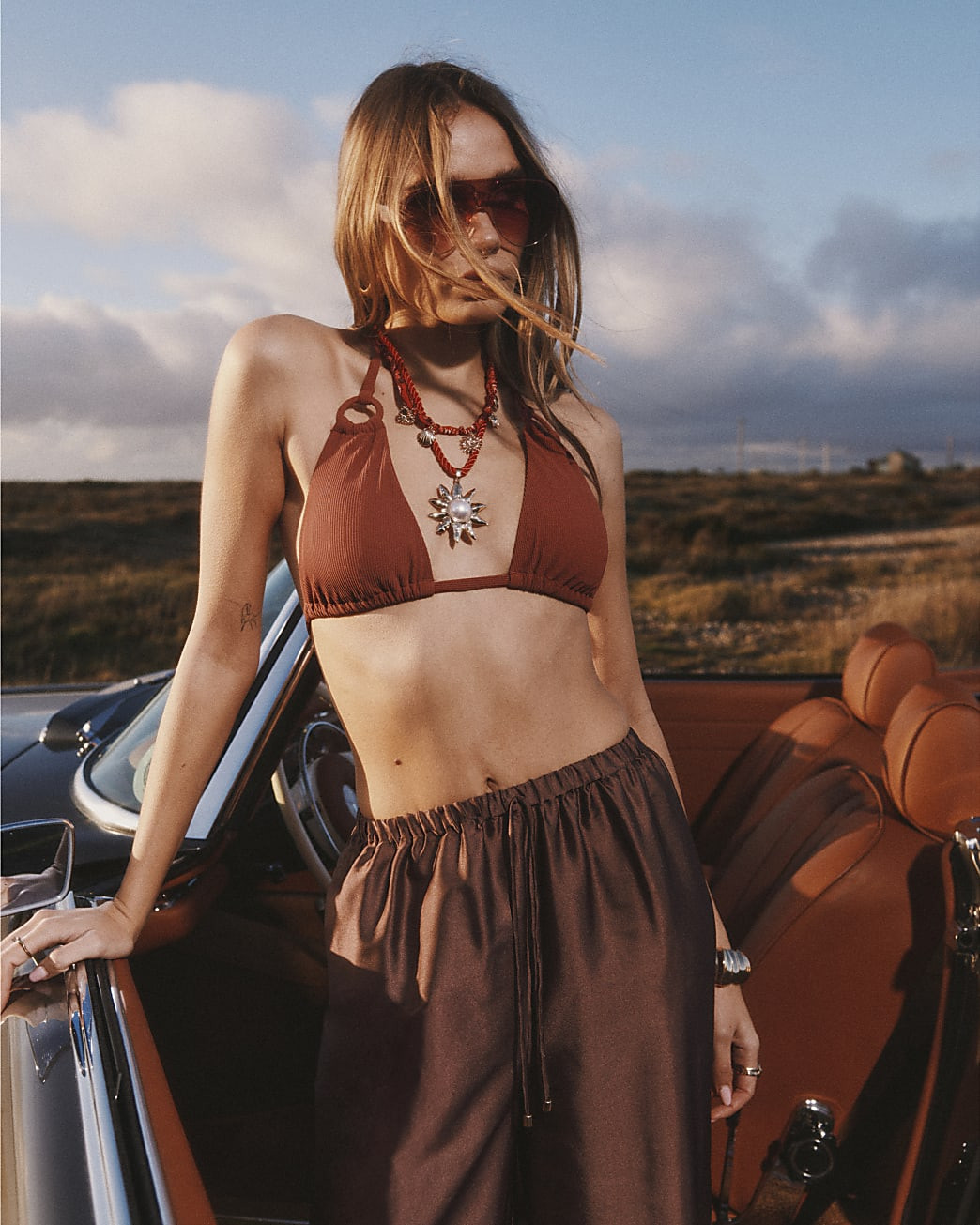 Brown Ribbed Triangle Ring Bikini Top | River Island UK & IE