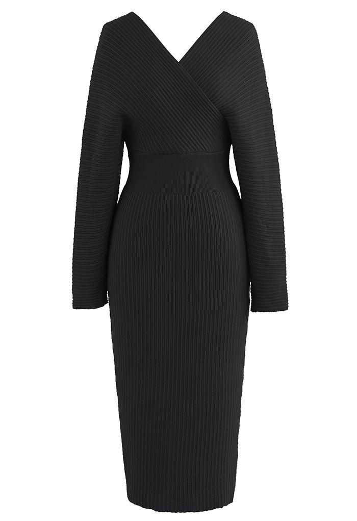 Long Sleeve Wrapped Bodycon Knit Midi Dress in Black | Chicwish