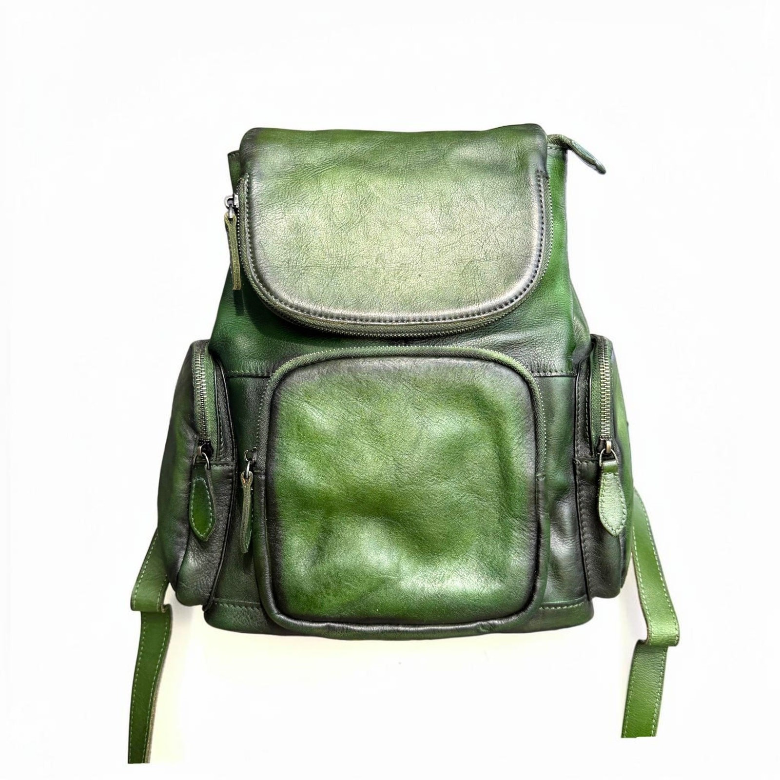 Vintage Green Genuine Leather Backpack Y2K Utility Multi Pocket Bag | eBay US