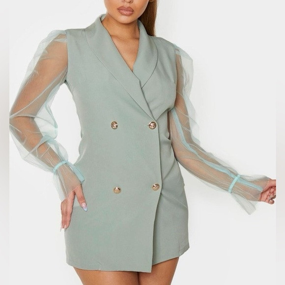 Sage Double-Breasted Blazer Dress with Sheer Sleeves | Poshmark