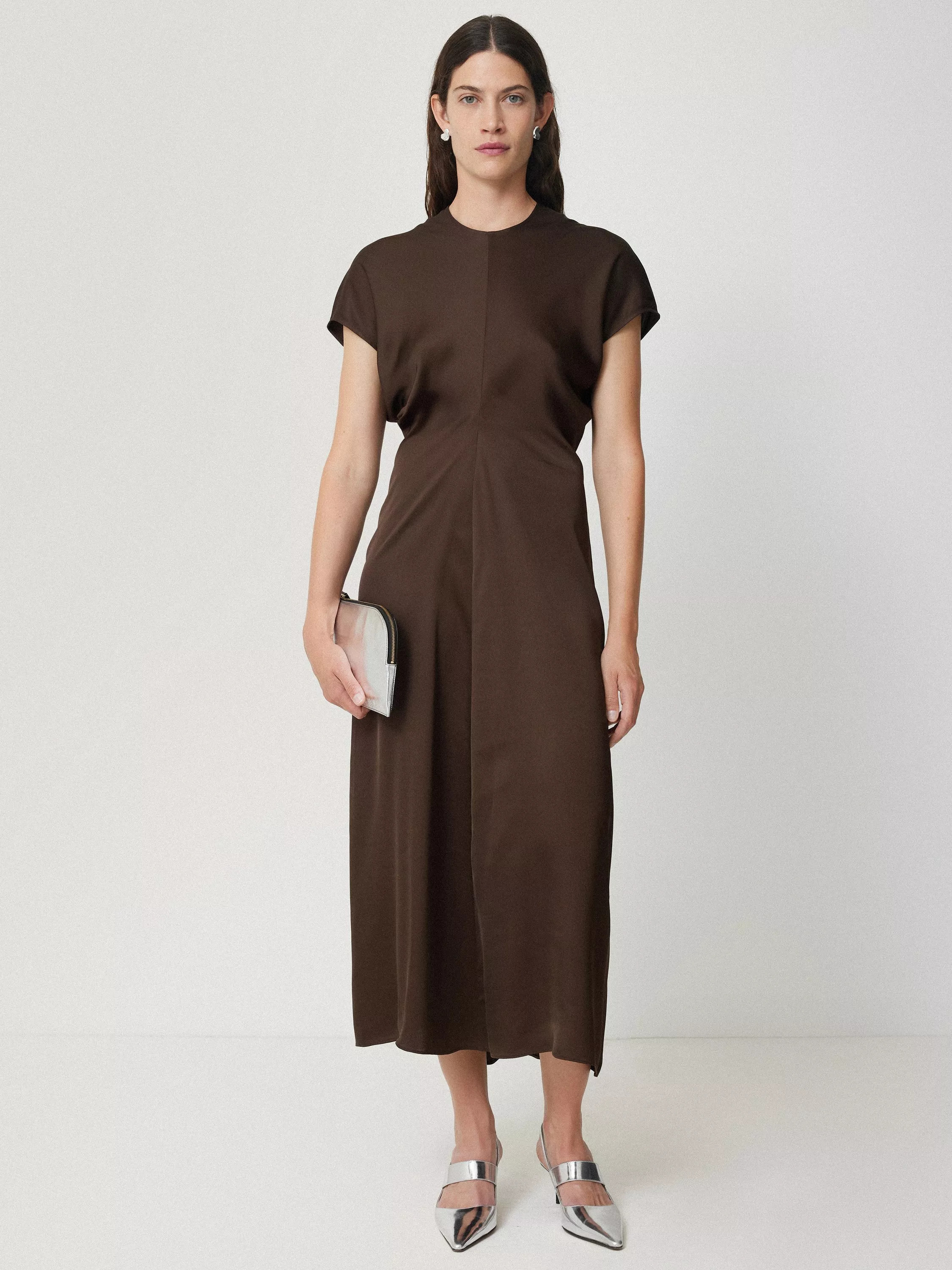 JigsawSatin Crepe Midi Dress, Brown | John Lewis (UK)