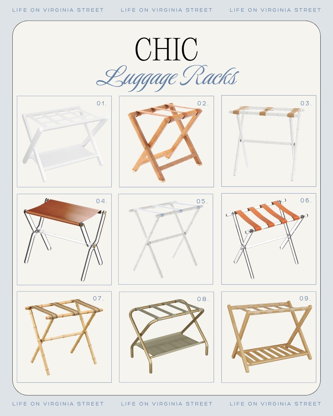 Chic luggage racks! 

chic luggage racks, stylish luggage rack, designer luggage rack, luxury luggage rack, elevated luggage rack, luggage stand, suitcase stand, guest room luggage rack, bedroom luggage rack, folding luggage rack, wood luggage rack, solid wood luggage rack, leather luggage rack, wood and leather luggage rack, woven leather luggage rack, leather strap luggage rack, canvas luggage rack, woven luggage rack, rattan luggage rack, cane luggage rack, natural wood luggage rack, white oak luggage rack, walnut luggage rack, dark wood luggage rack, light wood luggage rack, black luggage rack, brown leather luggage rack, cognac leather luggage rack, neutral luggage rack, modern luggage rack, traditional luggage rack, vintage inspired luggage rack, mid century luggage rack, transitional luggage rack, coastal luggage rack, classic luggage rack, timeless luggage rack, quiet luxury decor, boutique hotel style, luxury hotel style, five star hotel inspired, hotel inspired bedroom, hotel style guest room, elevated guest room, luxury guest bedroom, guest bedroom ideas, guest room essentials, guest room furniture, guest bedroom decor, guest room design, bedroom organization, suitcase storage, travel organization, stylish storage, small bedroom furniture, folding furniture, compact furniture, hospitality decor, thoughtful guest room, guest room refresh, Ralph Lauren Home inspired, McGee and Co inspired, Serena and Lily inspired, Pottery Barn inspired, Arhaus inspired, designer inspired home, designer look for less

#LTKTravel #LTKHome
