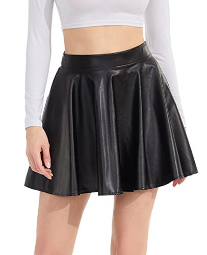 PU Black Leather Skirt for Women Mini High Waisted Pleated Skirt - Classic Faux Leather Skirt Look | Amazon (US)