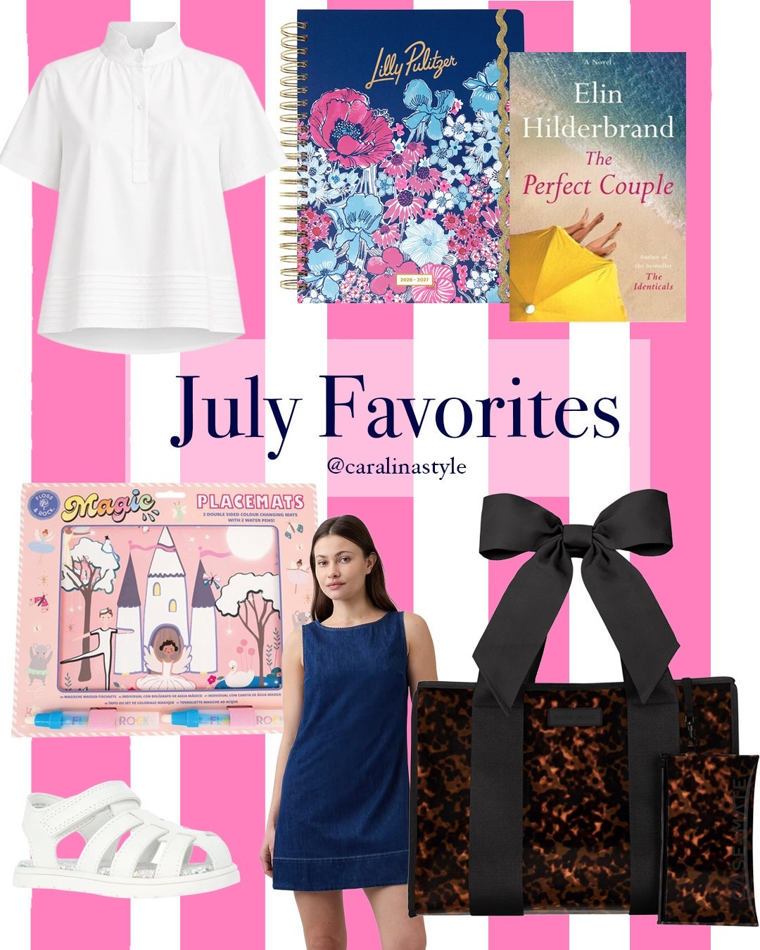 A few of my favorite things from July! Including a white top and denim dress I’ve been wearing so often (the top is sold out in white but is left in pink, light blue, and navy!), using a paper planner again, a great summer read, the sandals my daughter has been wearing since May. And our recent favorite restaurant entertainment, reusable coloring placemats!