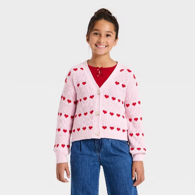 Girls' Heart Button-Down Cardigan Sweater - Cat & Jack™ Light Pink | Target