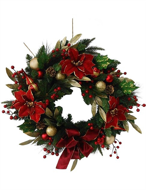 David Jones 76cm Red Poinsettia and Baubles Wreath | David Jones | David Jones (Australia & New Zealand)
