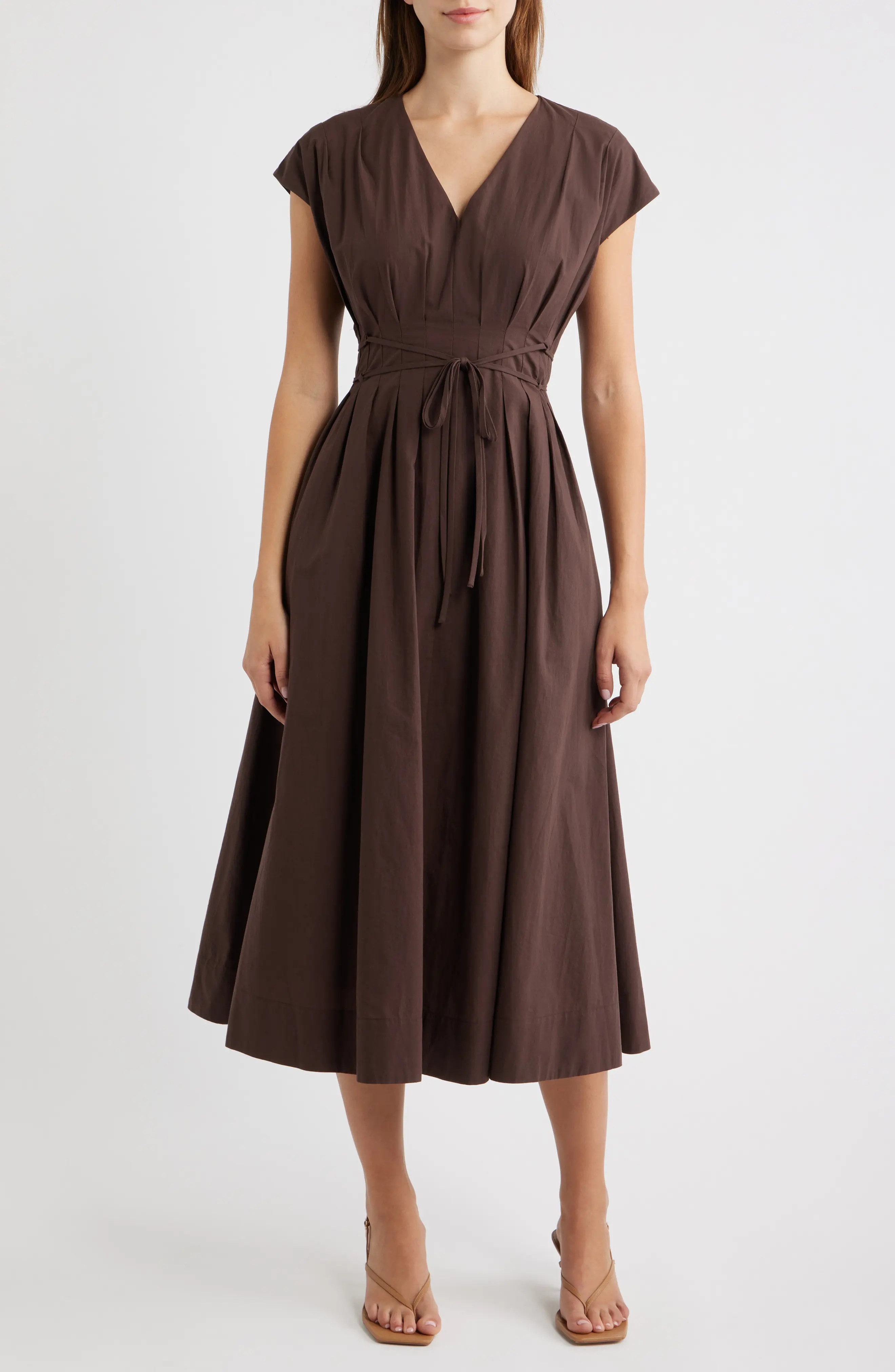 MOON RIVER Pleated V-Neck Midi Dress (Women) | Nordstrom | Nordstrom