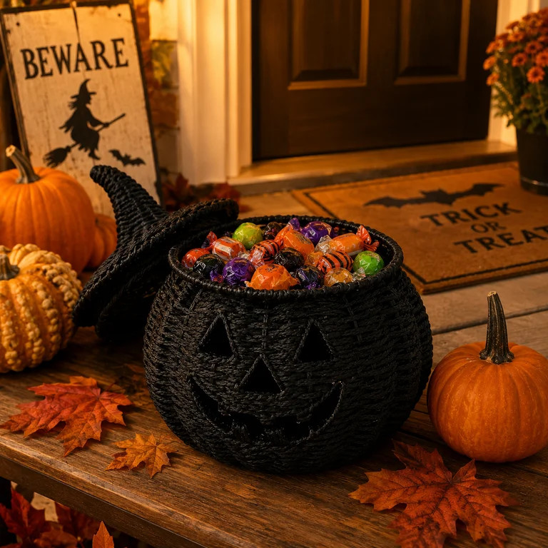 Clearance Halloween Rattan Pumpkin Basket with Lid, Woven Spooky Halloween Candy Storage, Witch H... | Walmart (US)