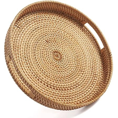 HITOMEN Hand-Woven Round Rattan Serving Tray with Handles Ottoman Wicker Platter for Breakfast, Drin | Amazon (US)