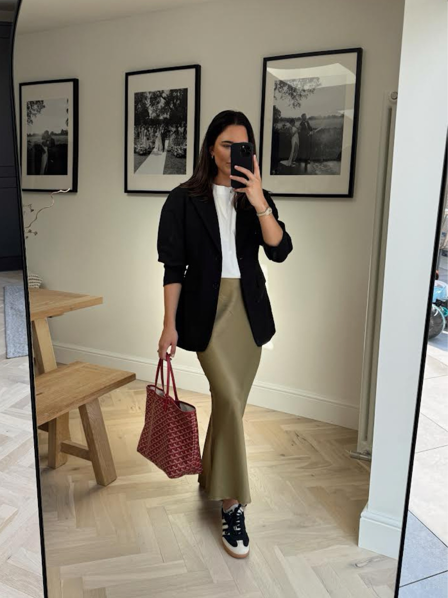 Smart casual outfit, transitional outfit, autumn fashion, muted colours, satin maxi skirt, white tshirt, H&M blazer, goyard bag, high street outfit, layering 

#LTKuk #LTKautumn #LTKstyletip