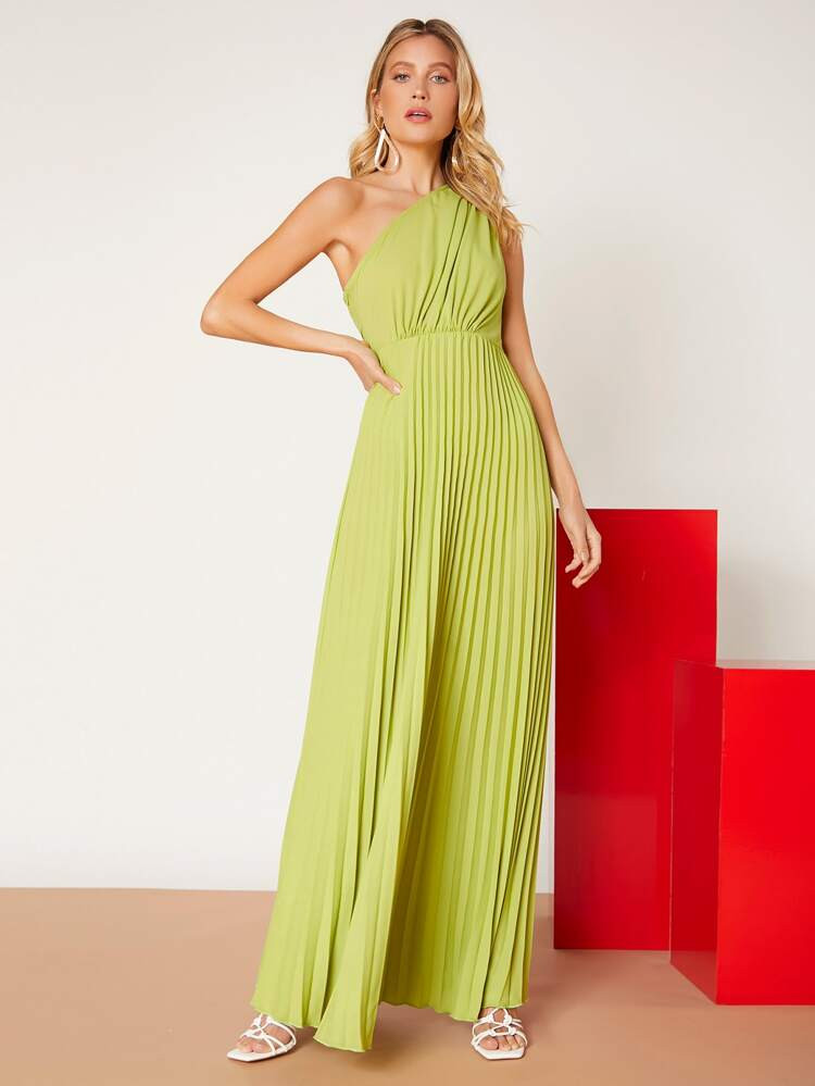 SHEIN One Shoulder Solid Pleated Dress | SHEIN