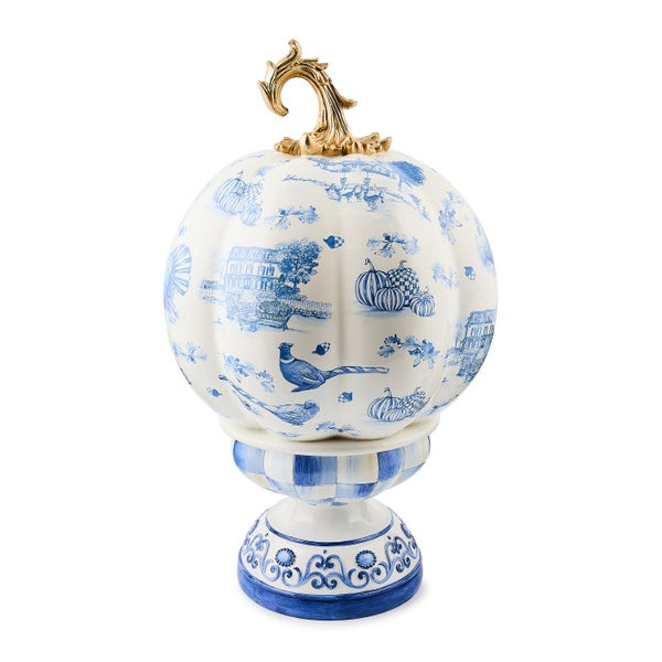 MacKenzie-Childs Royal Autumn Toile Short Pedestal Pumpkin | MacKenzie-Childs