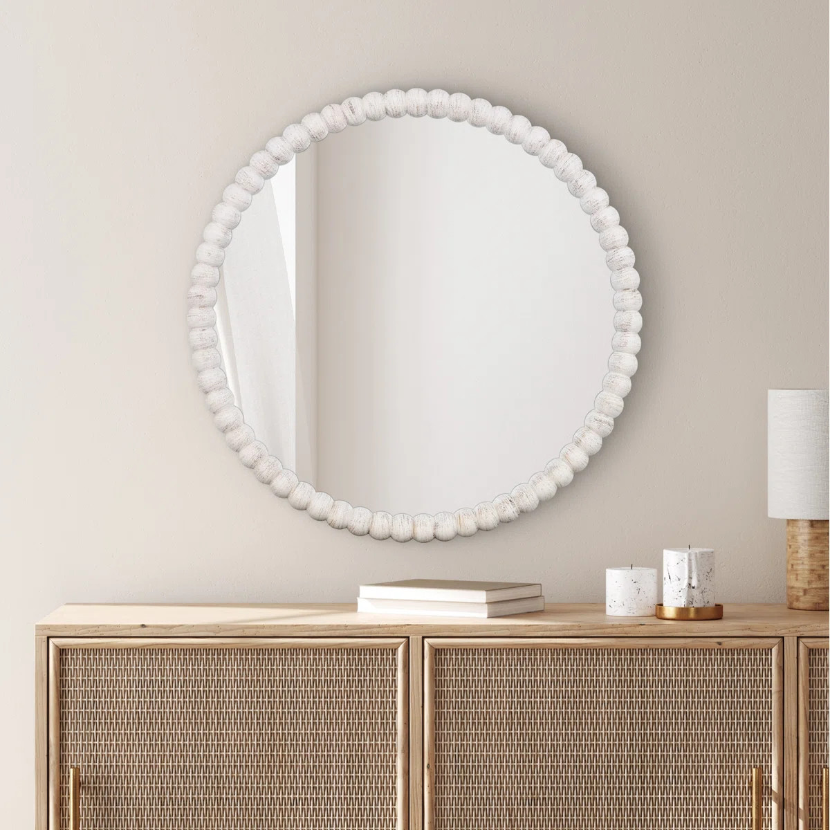 Ayde Round Solid Wood Bead Accent Mirror Home Decoration | Wayfair North America