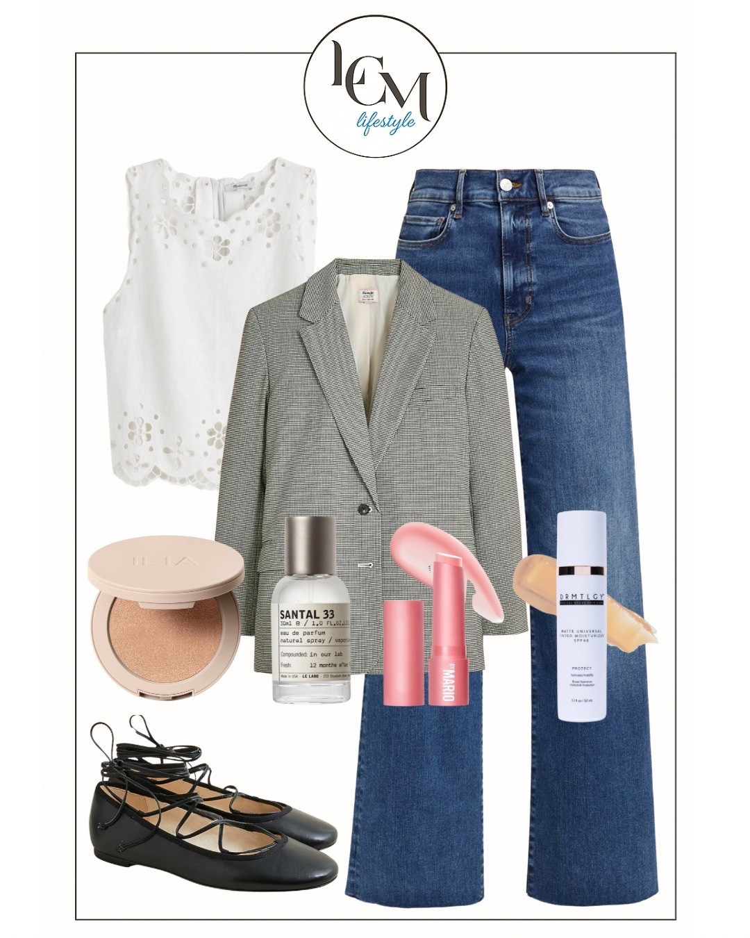 
Eyelet + denim + a great blazer = my kind of everyday polish. 
I paired this sleeveless top with high-waist jeans, lace-up flats, and soft neutral makeup. Finished with a memorable scent—Santal 33—for that subtle signature.
Everything’s linked for you! #LTKStyle #NeutralVibes #LCMLifestyle

#LTKBeauty #LTKWorkwear #LTKShoeCrush
