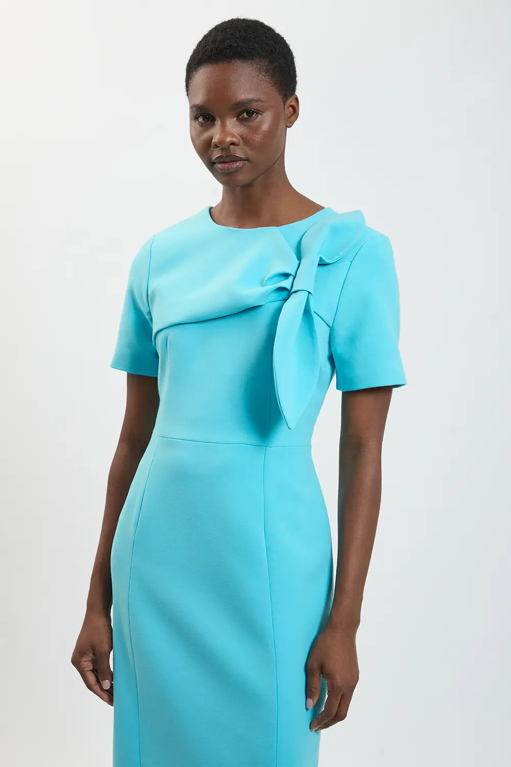 Turquoise Compact Stretch Bow Detail Pencil Dress | Karen Millen | Karen Millen