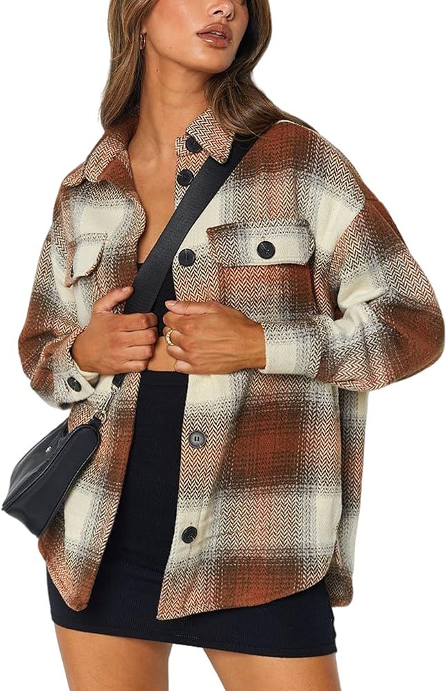 Lianlive Womens Plaid Shacket Wool Blend Button Down Fall Flannel Shirt Jacket | Amazon (US)