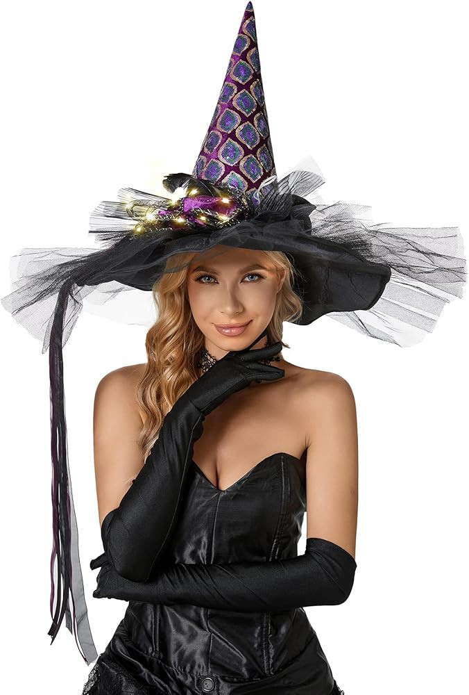 Halloween Witch Hat-Classic Black Felt Hat for Women, Girls, Party Costume Accessory(LED Glowing ... | Amazon (US)