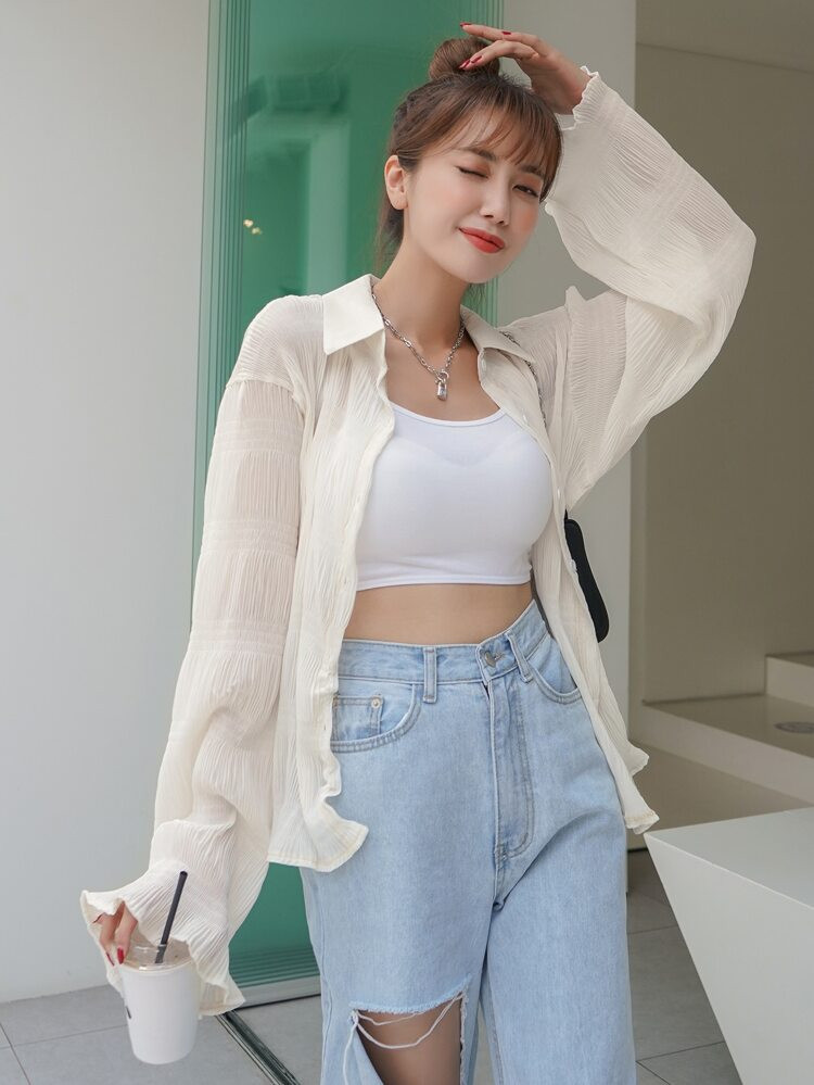 Solid Textured Semi-sheer Blouse | ROMWE