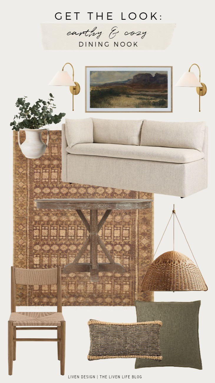 Earthy cozy dining nook. Breakfast nook. Home decor. Interior design. Landscape painting. Wall art. Olive green pillow. Textured pillow. Throw pillows. Reversible rug. Wood woven dining chair. Dining table. Banquette dining bench. Vase. Shade brass wall sconce. Woven drum pendant. 

#LTKSeasonal #LTKHome #LTKSaleAlert