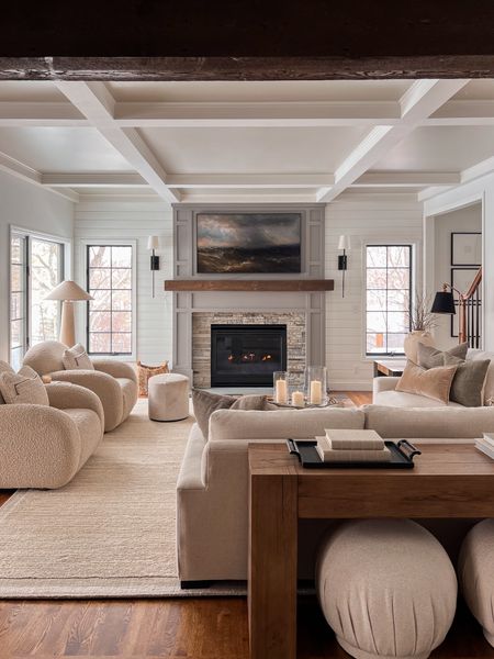Warm neutral living Room, 

Neutral area rug, Arhaus, console table, wall sconce, gallery frames, arm chairs, pottery barn 

#LTKstyletip #LTKhome