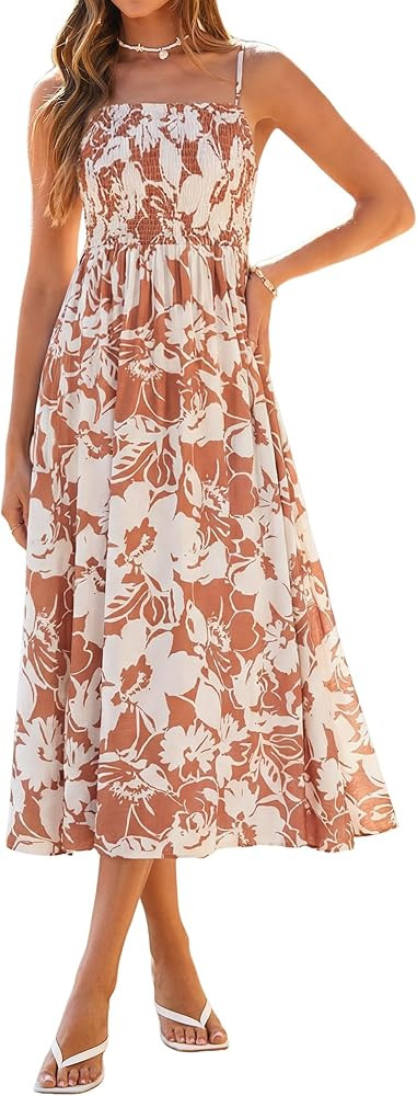 Simplee Womens Spaghetti Strap Maxi Dress Summer Casual Boho Smocked Flowy Long Sundress Beach Va... | Amazon (US)