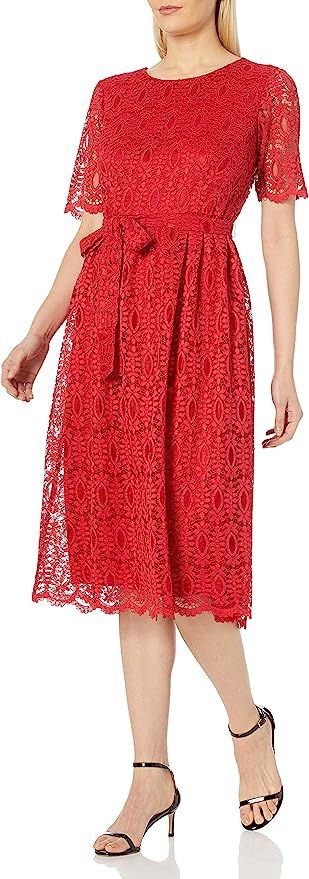 NINE WEST Women's Short Sleeve Lace Fit and Flare Midi Dress W/Self Sash | Amazon (US)