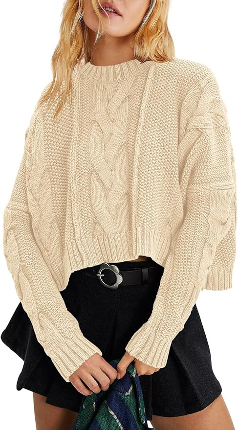 Panadila Womens Cropped Sweater Crew Neck Cable Knit Sweater Ribbed Long Sleeve Top Soft Boxy Pul... | Amazon (US)