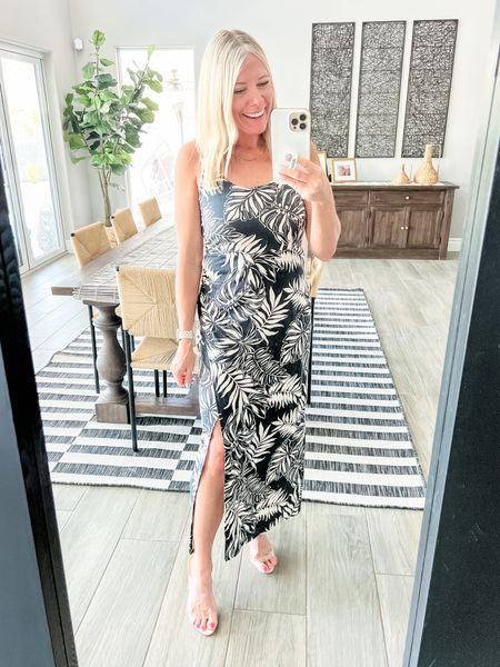 Love this palm print midi dress. In the extra small. Very cute with these clear stiletto heels, which run true to size.

#LTKOver40 #LTKStyleTip #LTKSeasonal