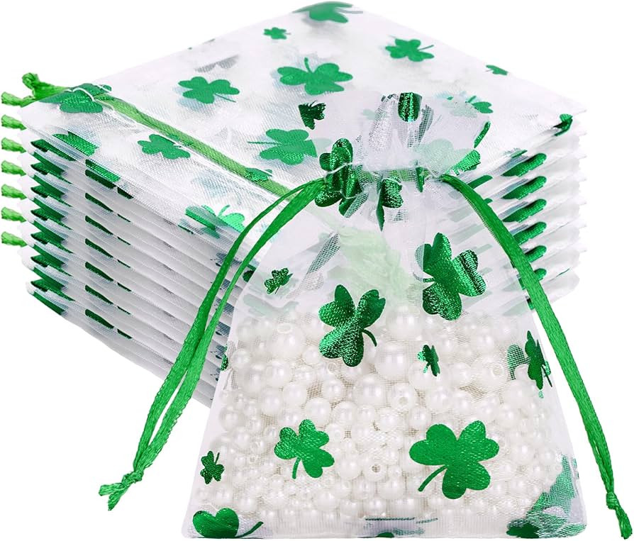 G2PLUS 50PCS St.Patrick's Day Gift Bags Organza 3x4in, Green Foil Shamrock Sheer Mesh Organza Pou... | Amazon (US)