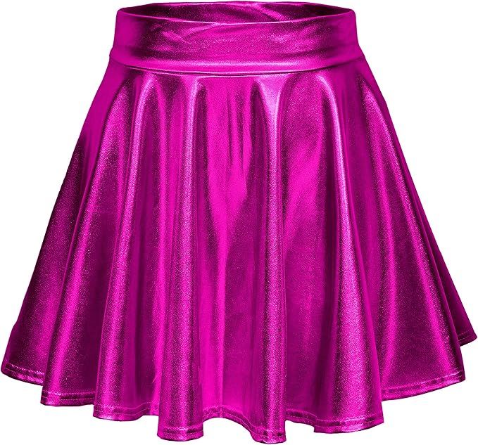 EXCHIC Women's Shiny Metallic Wet Look Stretchy Flared Mini Skater Skirt | Amazon (US)