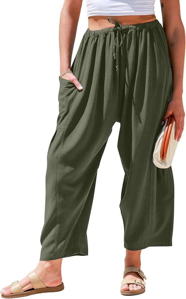 TARSE Womens Linen Wide Leg Pants Casual Loose Drawstring Low Waist Beach Palazzo Harem Pants wit... | Amazon (US)