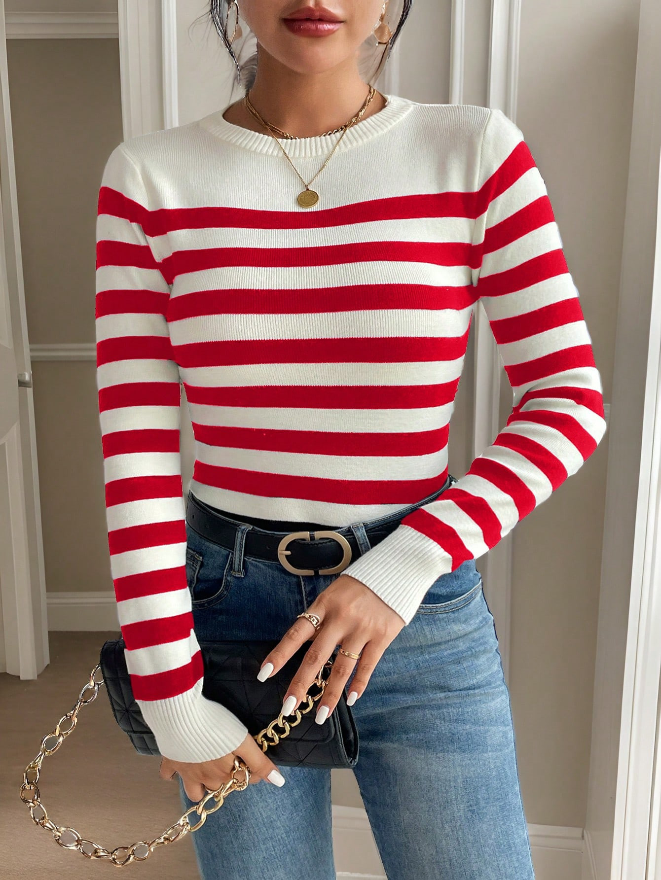 SHEIN Frenchy Women's Round Neck Long Sleeve Striped Minimalist Sweater, Casual Everyday | SHEIN