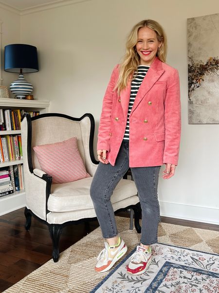 Spring outfit formula - stripe top, denim jeans, sneakers, and a blazer. For when you need be comfortable but mean business 🤗 
Claire Lately ❤️

#LTKfindsunder100 #LTKshoecrush #LTKSeasonal
