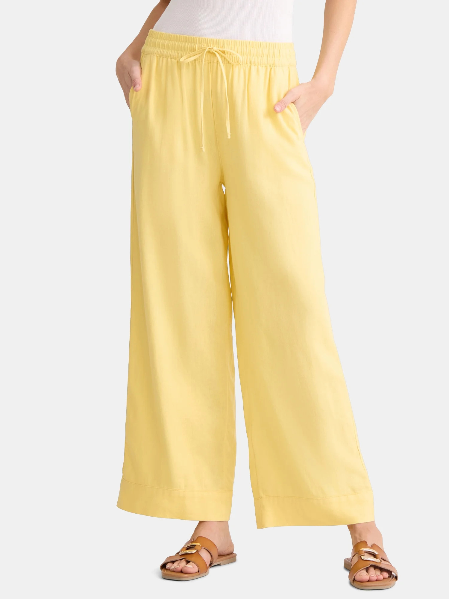 Time and Tru Women's and Women's Plus Wide Leg Linen Blend Pants, 29" Inseam, Sizes XS-4X | Walmart (US)