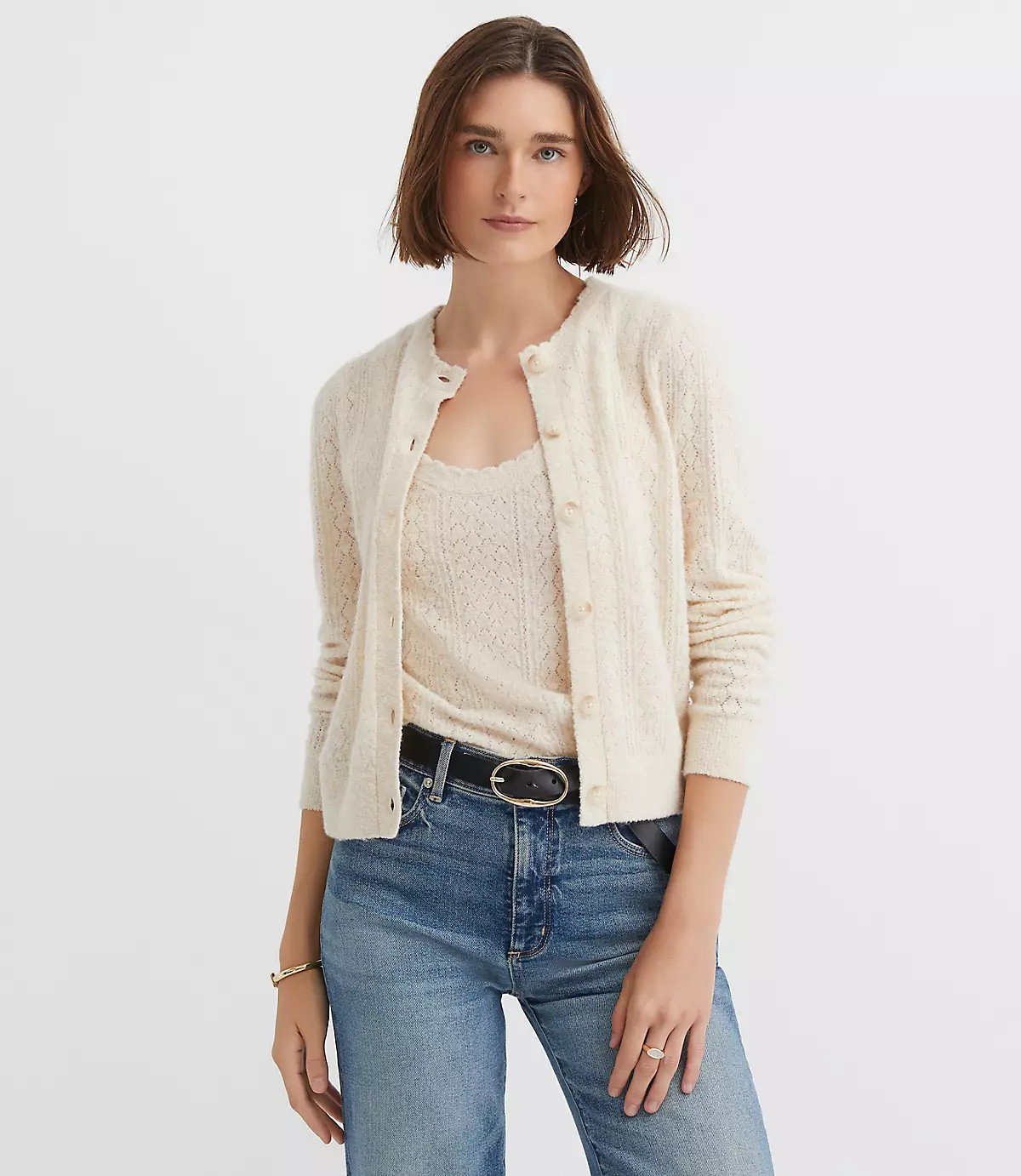 Scalloped Pointelle Puff Sleeve Cardigan | LOFT
