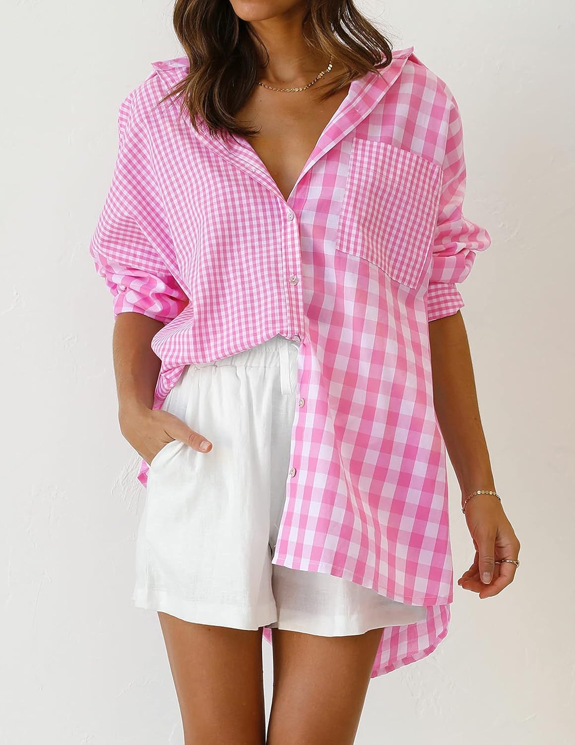 ZESICA Women's Casual Plaid Patchwork Long Sleeve Button Down Oversized Shirt Blouse Top | Amazon (US)