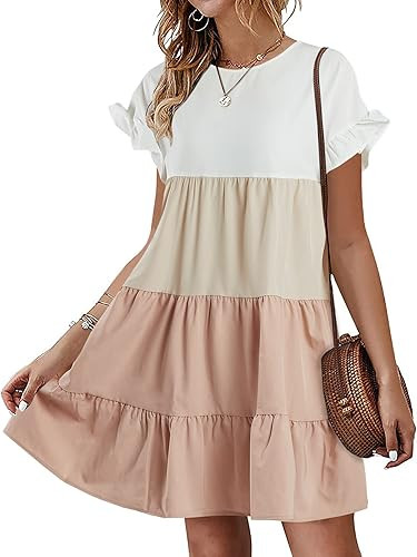 Chuanqi Womens Ruffles Boho Floral Printed Babydoll Loose Swing Casual Short Mini T-Shirt Dress | Amazon (US)