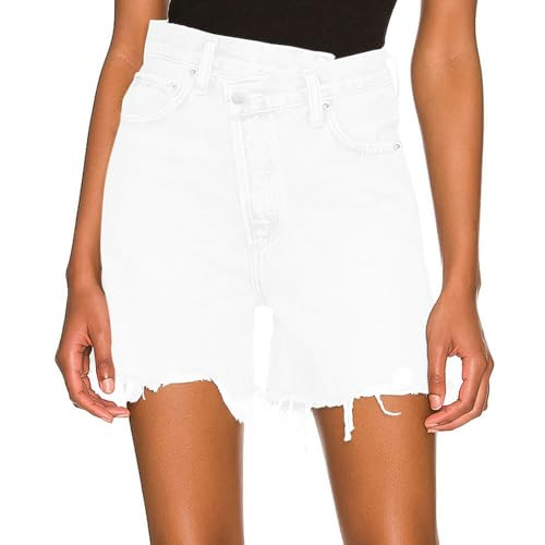 PRETISKY Women's High Waist Criss Cross Short Denim Shorts Stretchy Straight Leg Raw Cuffs Long Jean Shorts Women | Amazon (US)