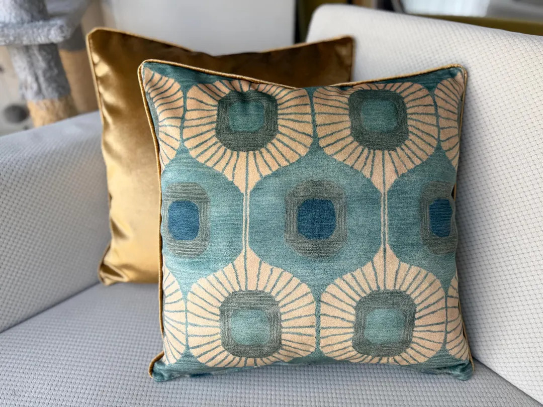 Luxury Velvet Throw Pillow Cover – Teal & Gold Geometric Cushion – Modern Sofa Accent – Boh... | Etsy (US)