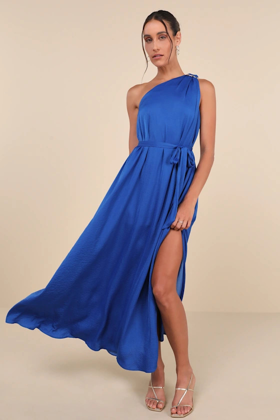 Goddess Aura Cobalt Blue Satin One-Shoulder Maxi Dress | Lulus