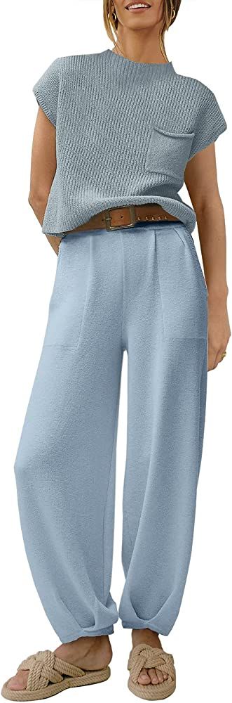 Caracilia Women's Casual Two Piece Outfits Cap Sleeve Knit Top and Loose Pants Fashion Tracksuit ... | Amazon (US)