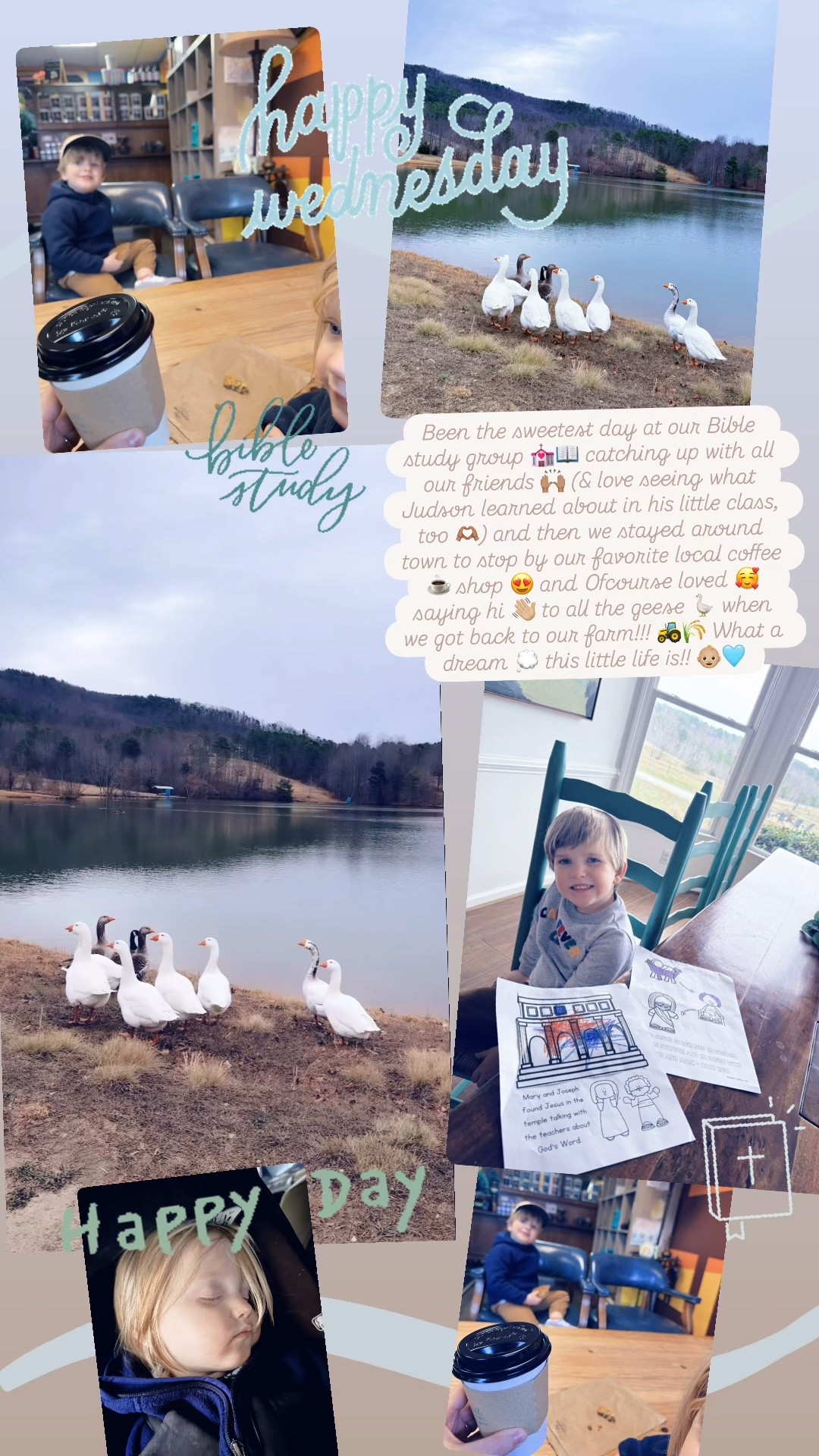 Been the sweetest day at our Bible study group 💒📖 catching up with all our friends 🙌🏽 (& love seeing what Judson learned about in his little class, too 🫶🏽) and then we stayed around town to stop by our favorite local coffee ☕️ shop 😍 and Ofcourse loved 🥰  saying hi 👋🏼 to all the geese 🪿 when we got back to our farm!!! 🚜🌾 What a dream 💭 this little life is!! 👶🏼🩵