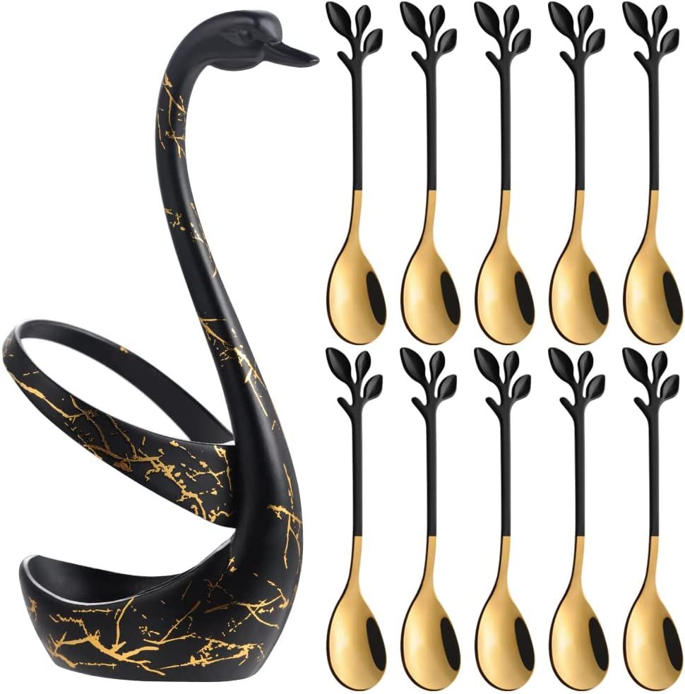 AnSaw Black Swan Base Holder With 10-Pieces 4.7-inch Small Coffee Spoons,Leaf Handle Set (Black &... | Amazon (US)