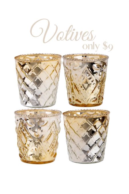 Set of 4 votives $9! 
Perfect for your holiday celebration. 
New Year’s Eve, winter decor 