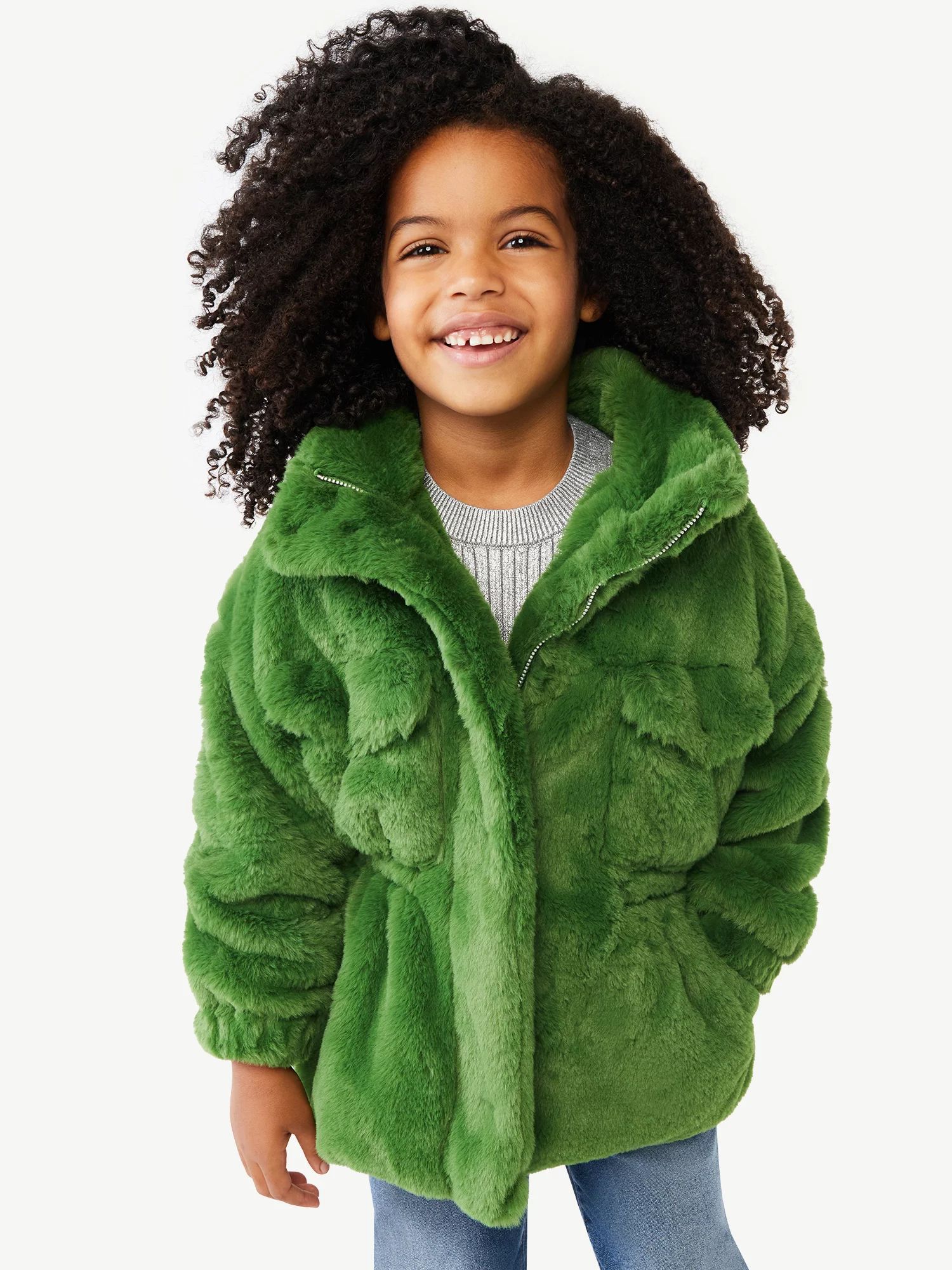 Scoop Girls Faux Fur Jacket with Cinched Waist, Sizes 4-12 - Walmart.com | Walmart (US)