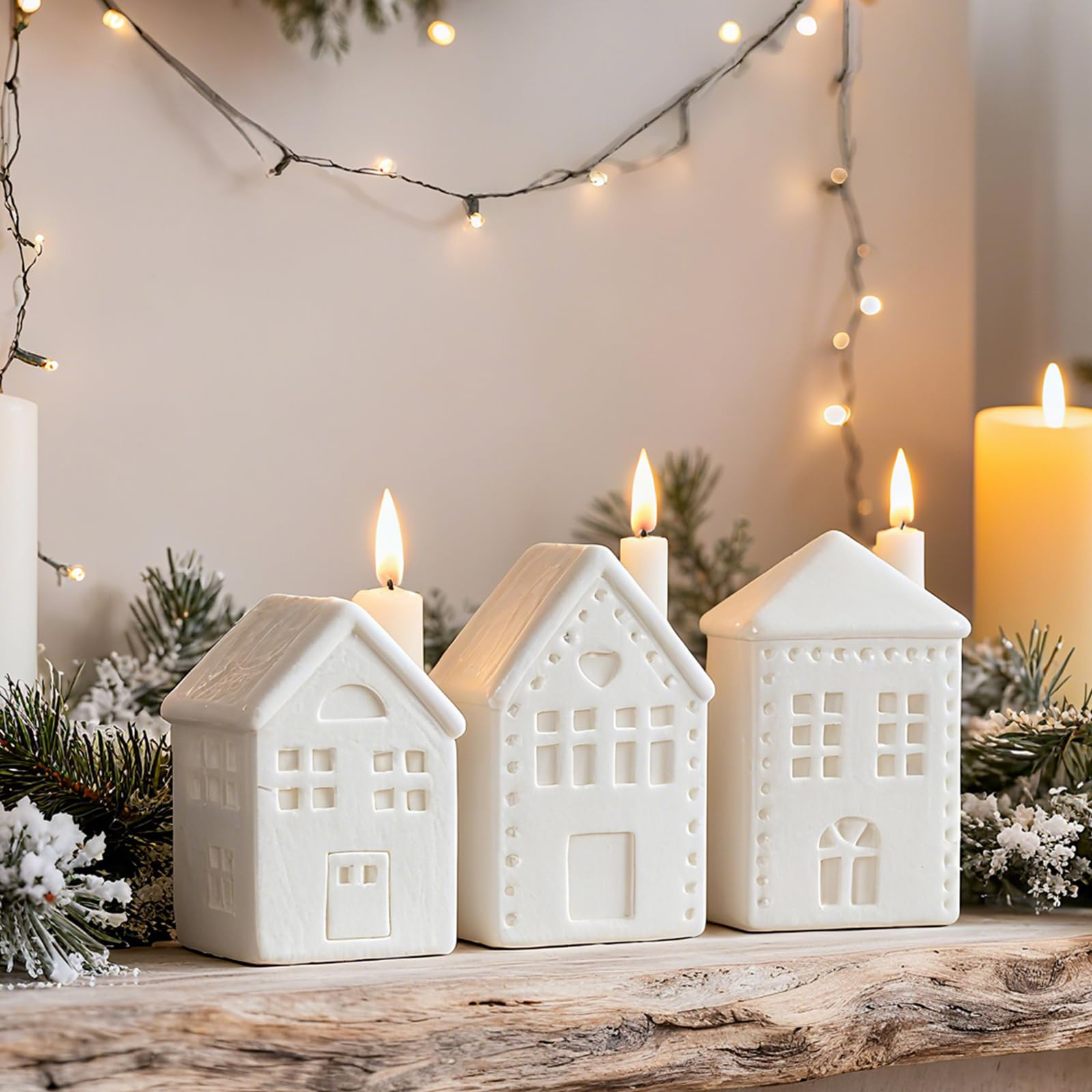 DN DECONATION Christmas Village Houses Decorations, 3-Pcs Light Up White Ceramic Christmas Town H... | Amazon (CA)
