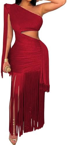 Women's Sexy One Shoulder Fringe Dress Sleeveless Cut Out Bodycon Birthday Party Tassel Maxi Dres... | Amazon (US)